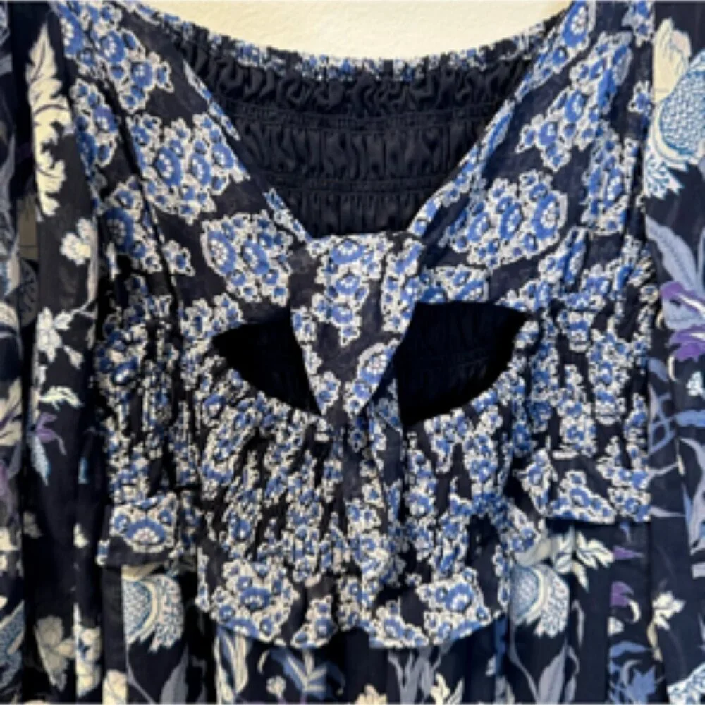 Taylor Floral Tiered Maxi Dress Smocked Tie Back Flowy Blue & White NWT 6P
